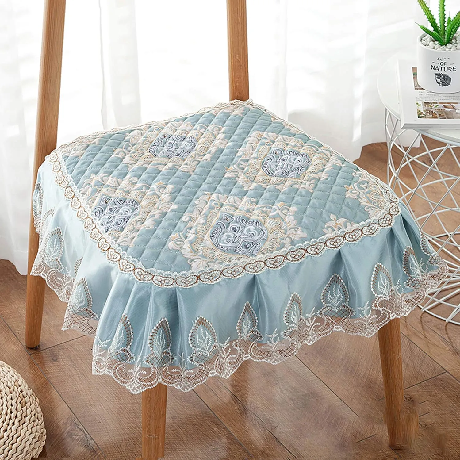 1 Pc Lace Ruffled Dining Chair Cushion,Non Slip Seat Cushions with Ties,Square Stool Chair Pad Home Decor Luxury Warm Soft Cushion-E 43x45cm(17x17.7inch)