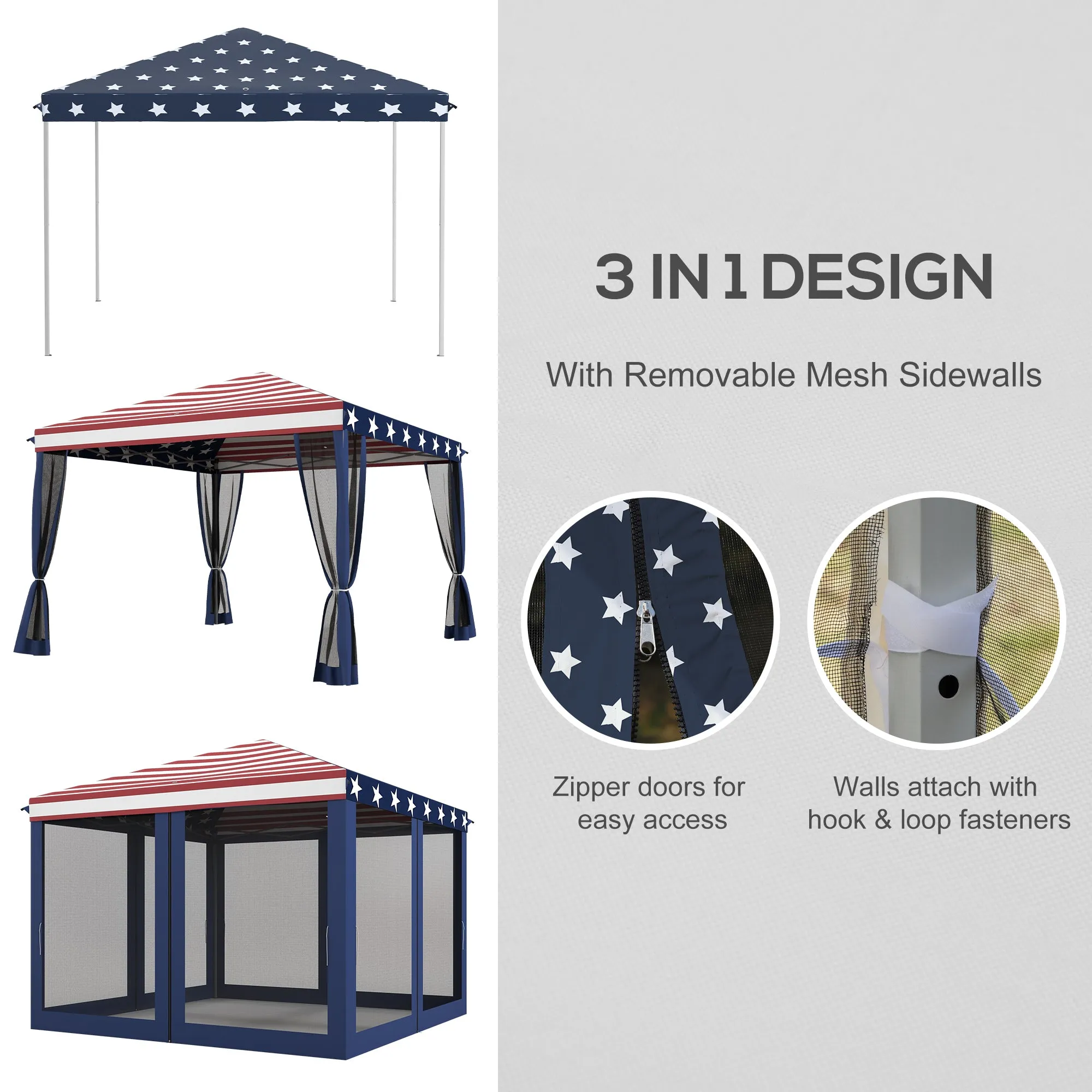 10' x 10' Pop-Up Canopy with Mesh Walls, Instant Setup, Side Panels & American Flag Design