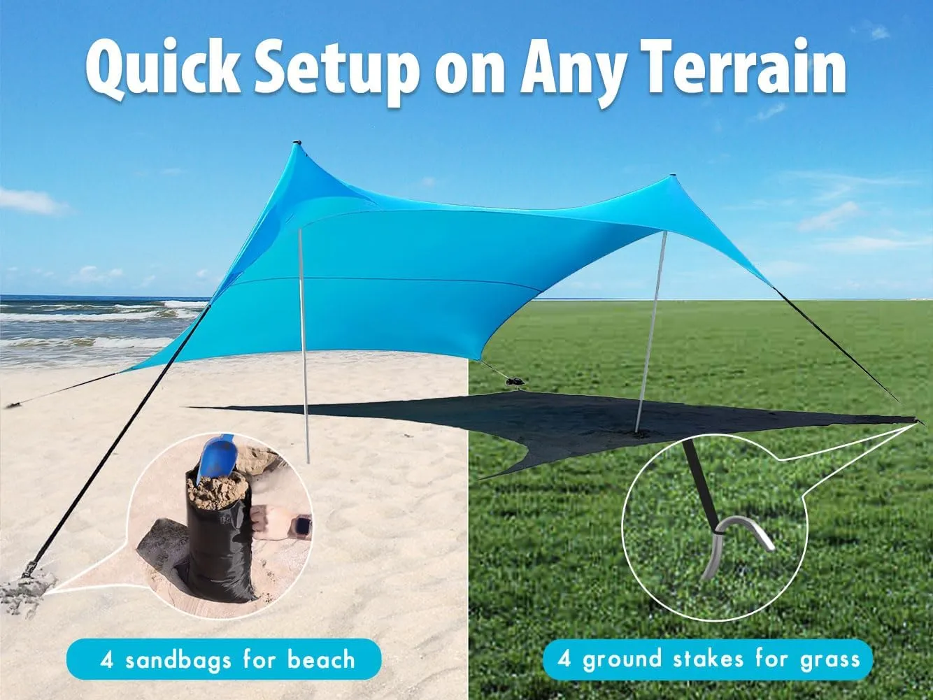 10×10ft UPF50  Beach Tent Sun Shelter, Windproof Stable Outdoor Pop Up Beach Shade Canopy for Camping, Fishing, Backyard Fun or Picnics, 2 Poles