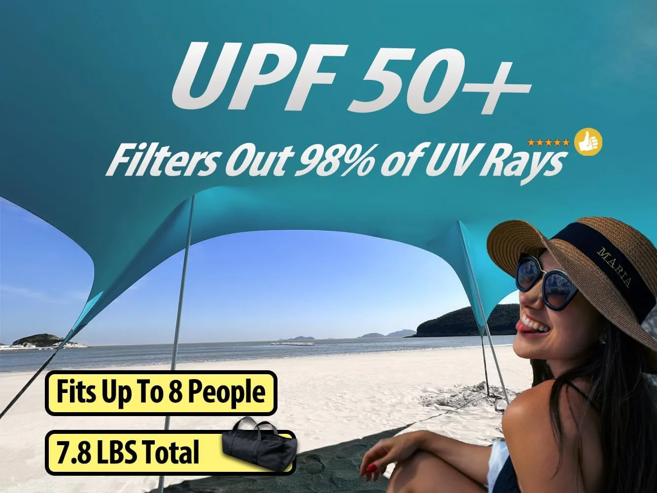 10×10ft UPF50  Beach Tent Sun Shelter, Windproof Stable Outdoor Pop Up Beach Shade Canopy for Camping, Fishing, Backyard Fun or Picnics, 2 Poles