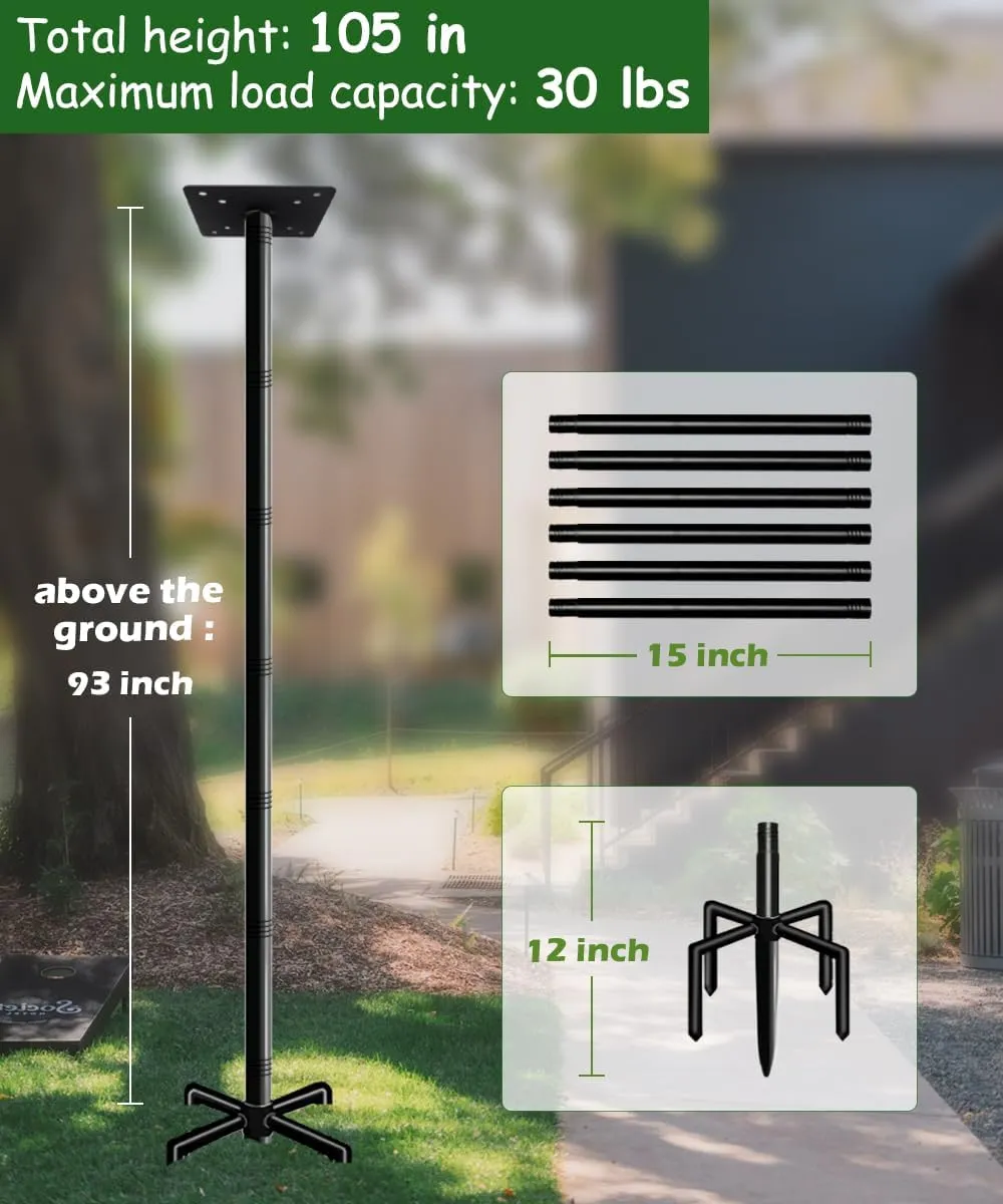 105 Inch Bird House Pole Mount Kit, Adjustable Heavy Duty Bird Feeder Pole for Outdoors, Universal Mounting Post Set with 5-Prong Base, Black, 1 Pack