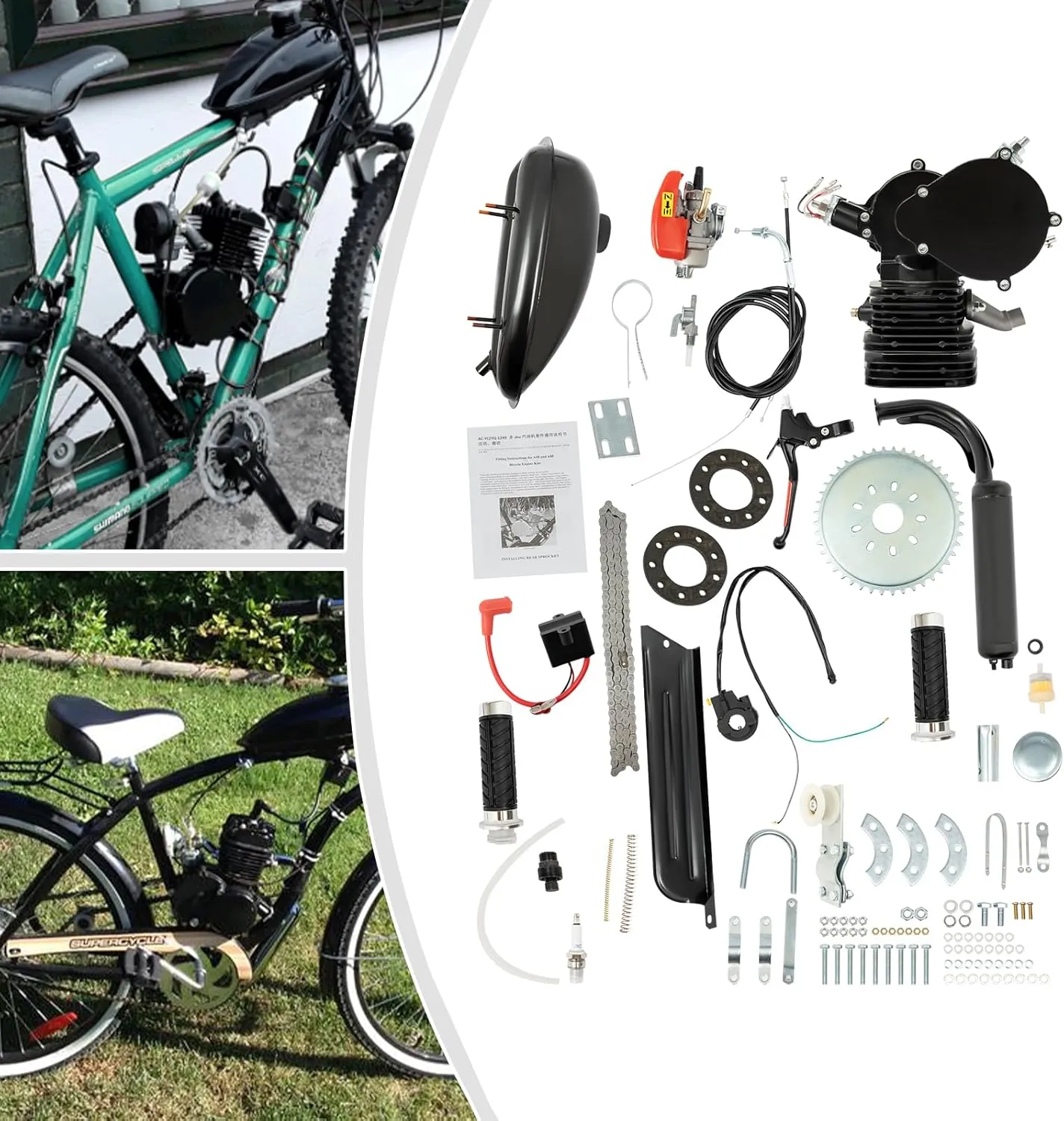 110cc Bicycle Engine Kit, 2-Stroke Gas Motorized Bicycle Conversion Kit Fit for 26" /28" Bikes, Petrol Gas Motor Kit Engine Refit Full Set with Super Fuel-efficient, Powerful Engine