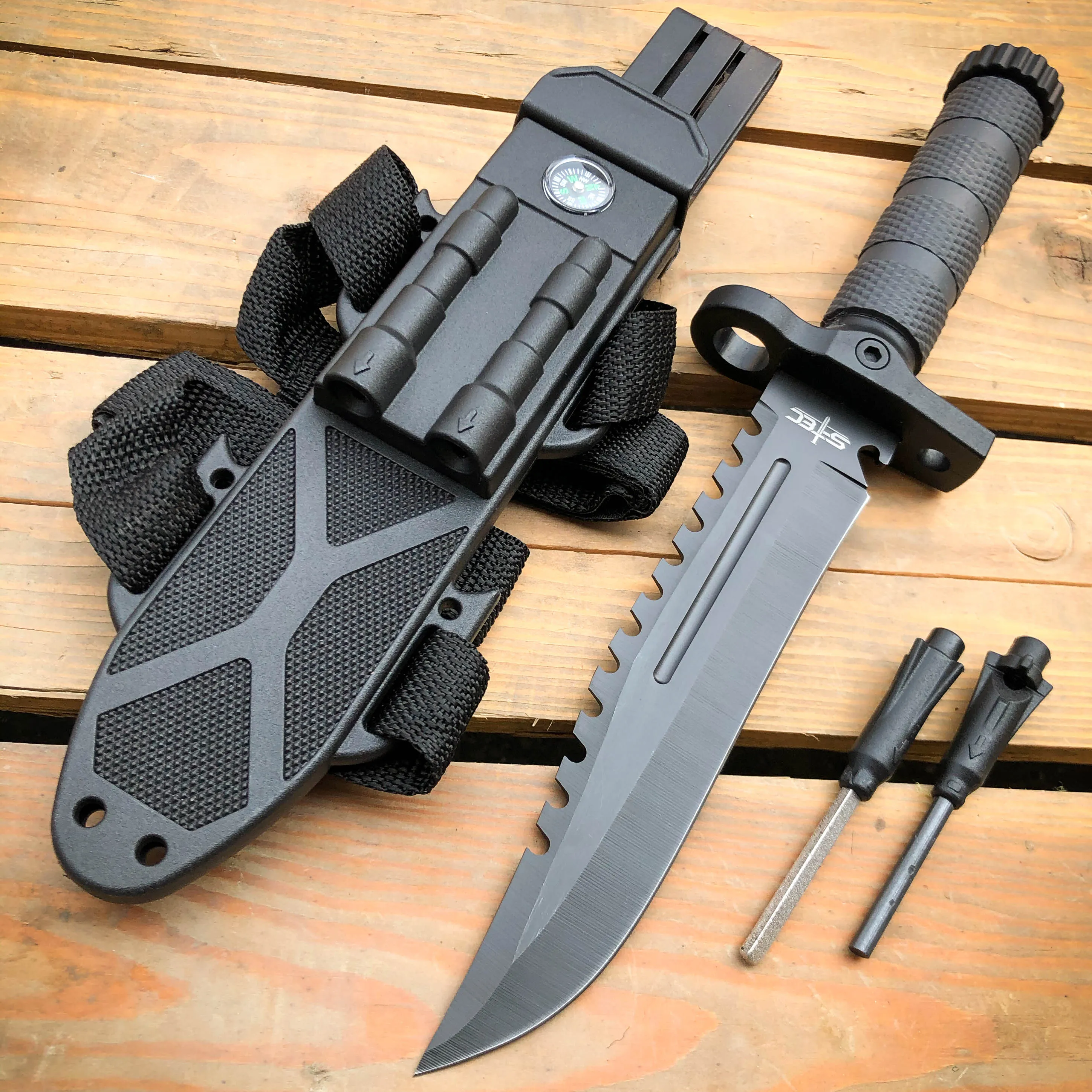 12.5" TACTICAL Hunting Fixed Blade Army SURVIVAL Knife w Fire Starter