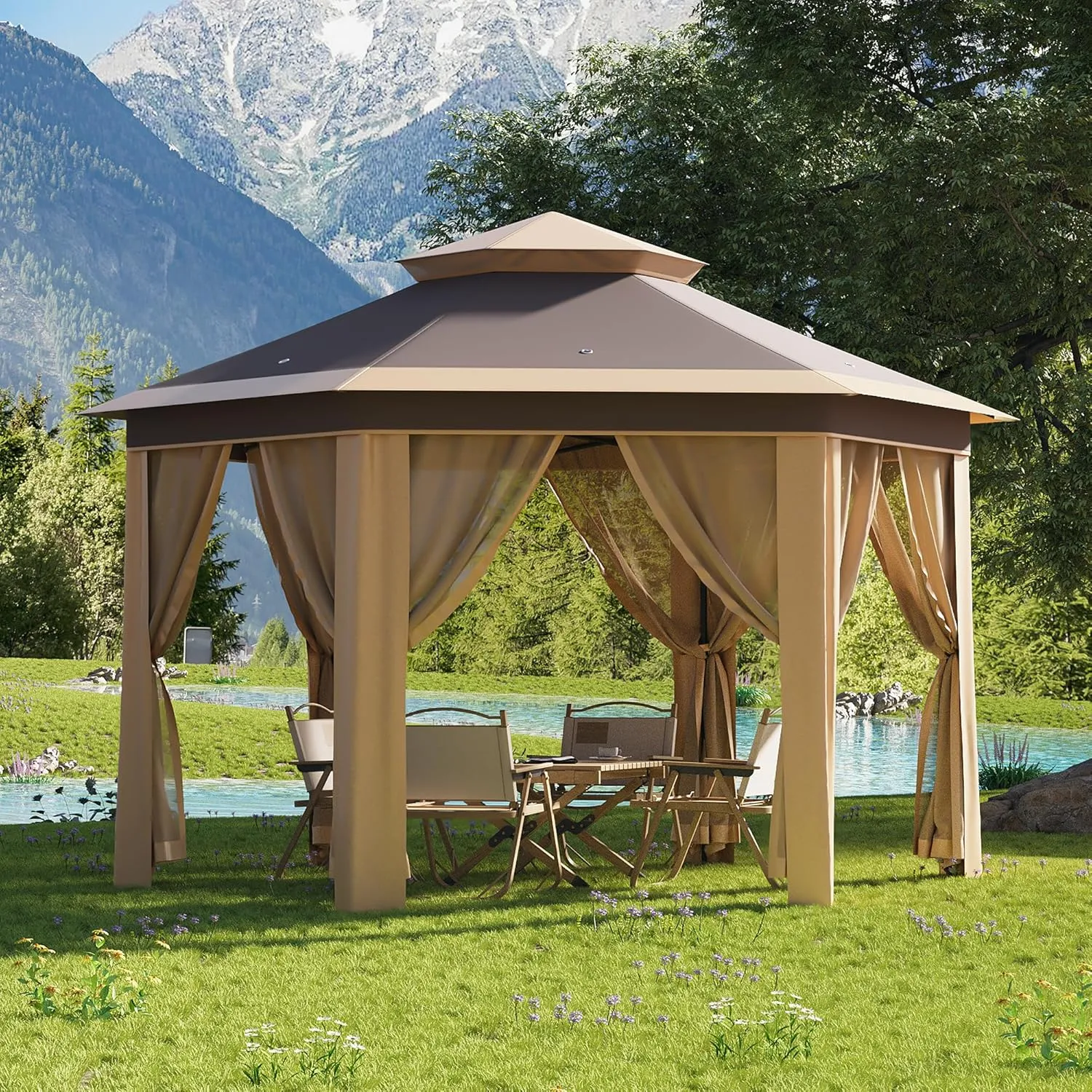 13x13 Pop Up Gazebo Outdoor Hexagonal Canopy Tent with Mosquito Netting Sides Instant Patio Canopy Shelter, Rain & UV Resistant PA Coated Fabric, for Patios, Garden, Parties, Lawns Backya