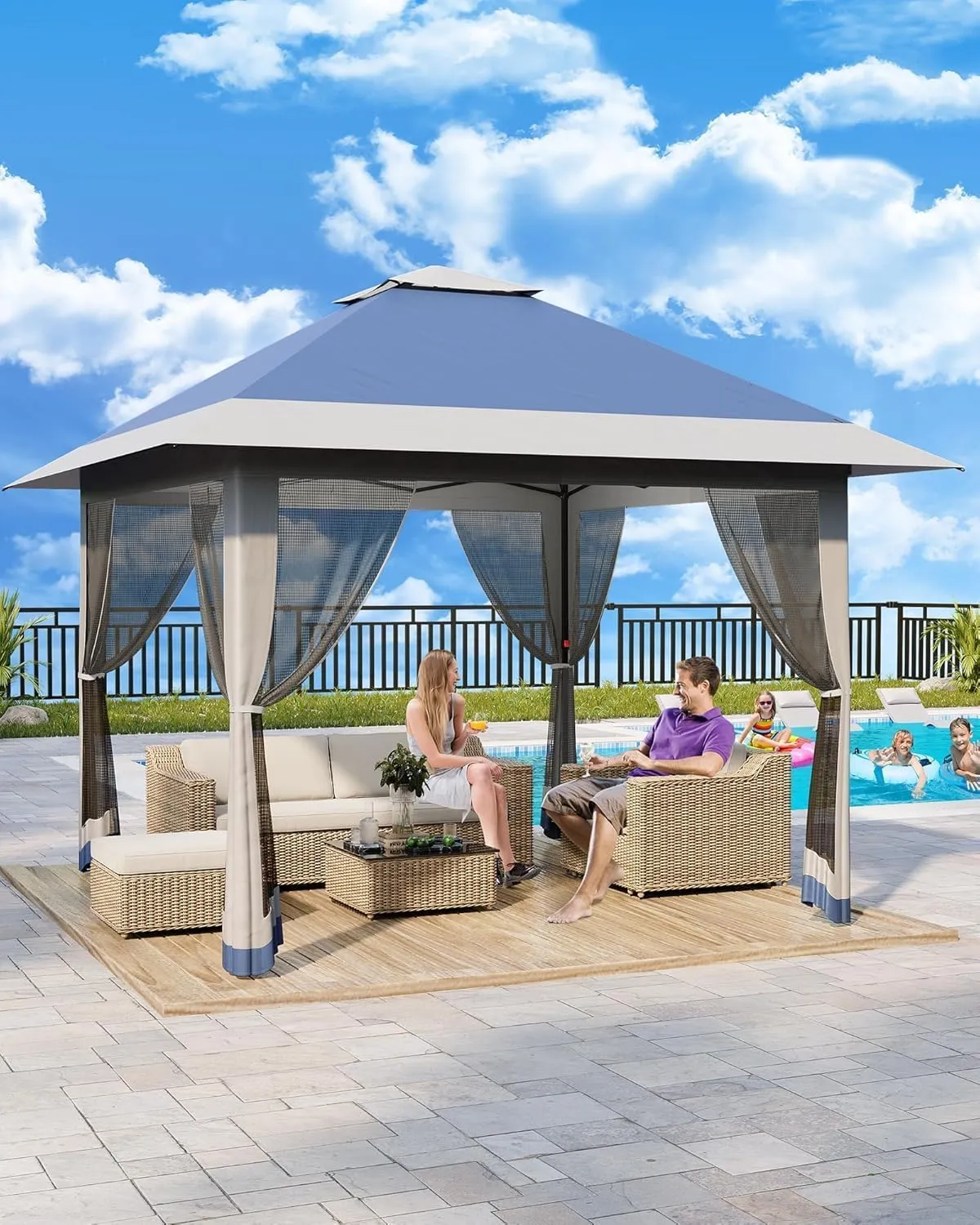 13x13FT Pop-Up Gazebo, Instant Canopy Gazebo with Mosquito Net & Double Roof, Adjustable Height Canopy Tent, UV-Resistant Outdoor Shelter for Patio, Backyard, Garden, and Camping