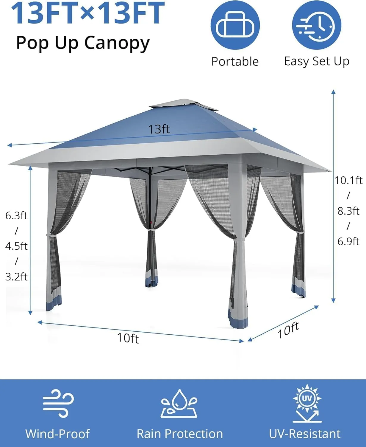 13x13FT Pop-Up Gazebo, Instant Canopy Gazebo with Mosquito Net & Double Roof, Adjustable Height Canopy Tent, UV-Resistant Outdoor Shelter for Patio, Backyard, Garden, and Camping
