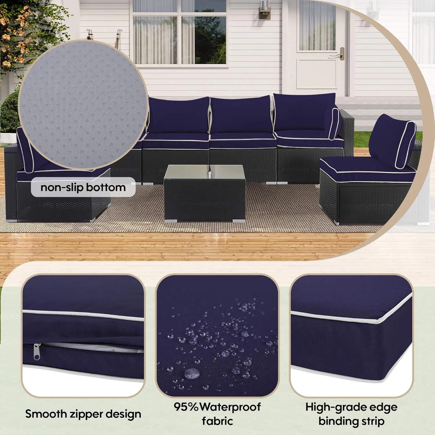14-Piece Outdoor Cushion Covers for Sectional Wicker Patio Cushion Covers Water Resistant and UV Proof All -Weather Seat Covers with Zipper 3 Sizes (Navy Blue with White Border)