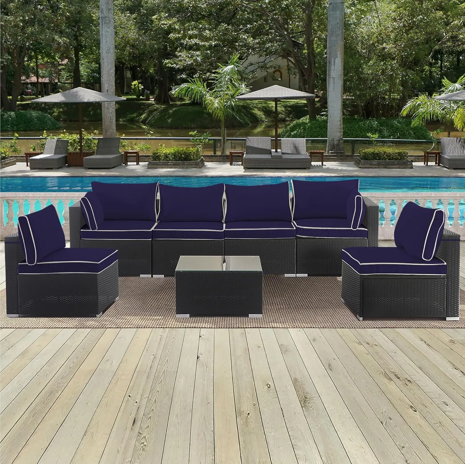 14-Piece Outdoor Cushion Covers for Sectional Wicker Patio Cushion Covers Water Resistant and UV Proof All -Weather Seat Covers with Zipper 3 Sizes (Navy Blue with White Border)
