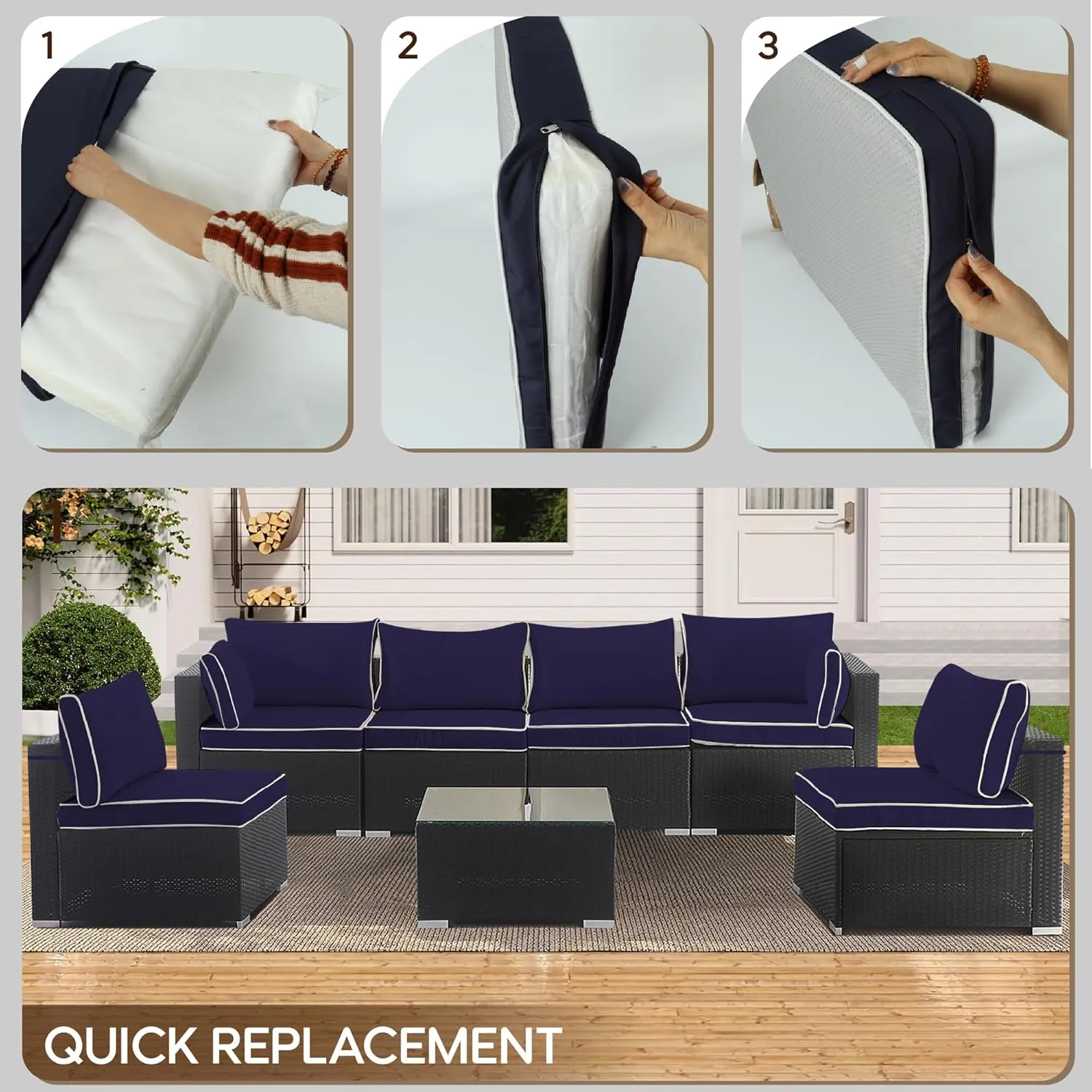 14-Piece Outdoor Cushion Covers for Sectional Wicker Patio Cushion Covers Water Resistant and UV Proof All -Weather Seat Covers with Zipper 3 Sizes (Navy Blue with White Border)