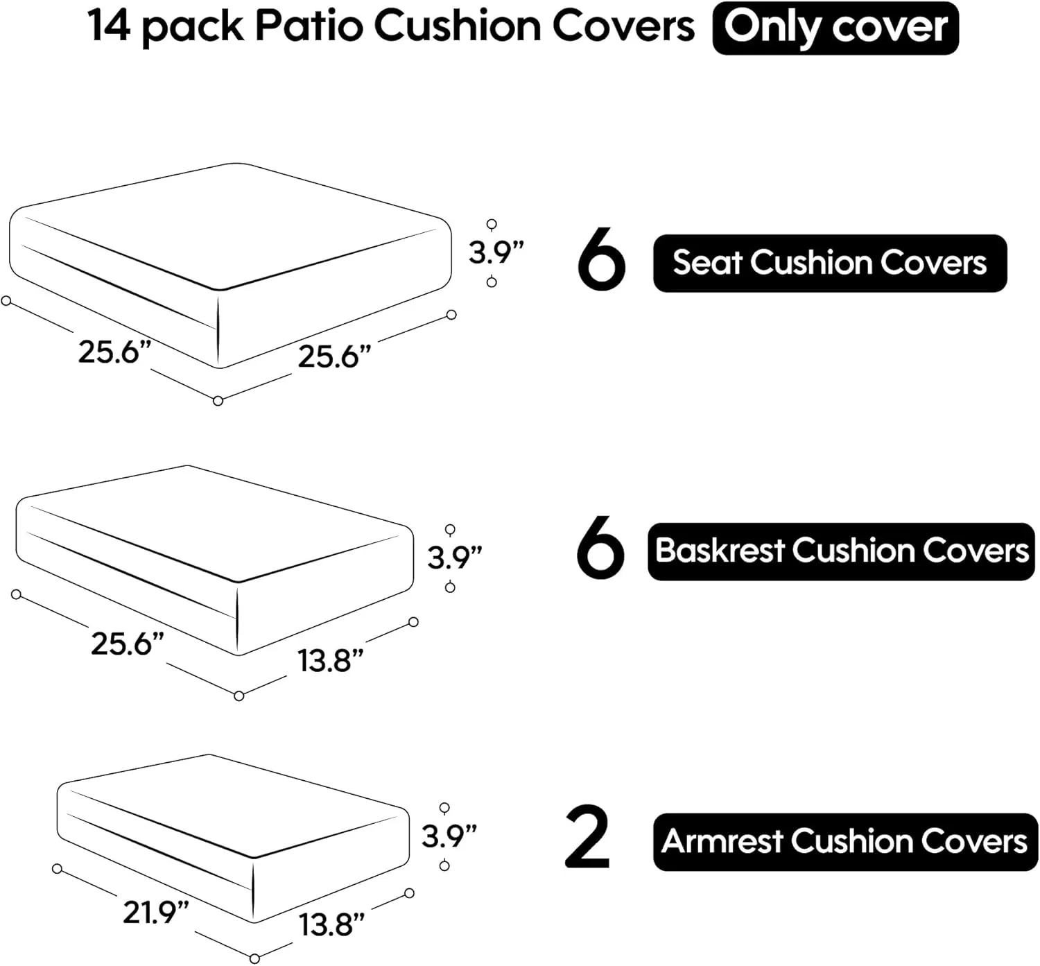 14-Piece Outdoor Cushion Covers for Sectional Wicker Patio Cushion Covers Water Resistant and UV Proof All -Weather Seat Covers with Zipper 3 Sizes (Navy Blue with White Border)