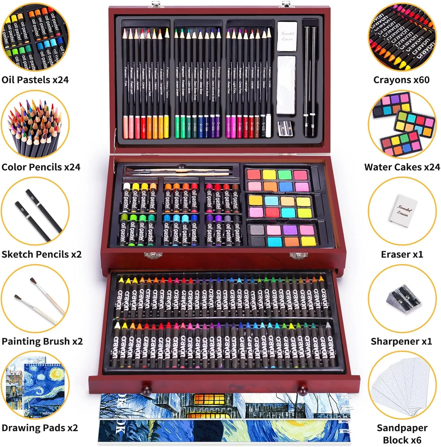 145 Piece Deluxe Art Set with 2 x 50 Sheet Drawing Pad, Art Supplies Wooden Art Box, Drawing Painting Kit with Crayons, Oil Pastels, Colored Pencils, Creative Gift Box for Adults Artist Beginners