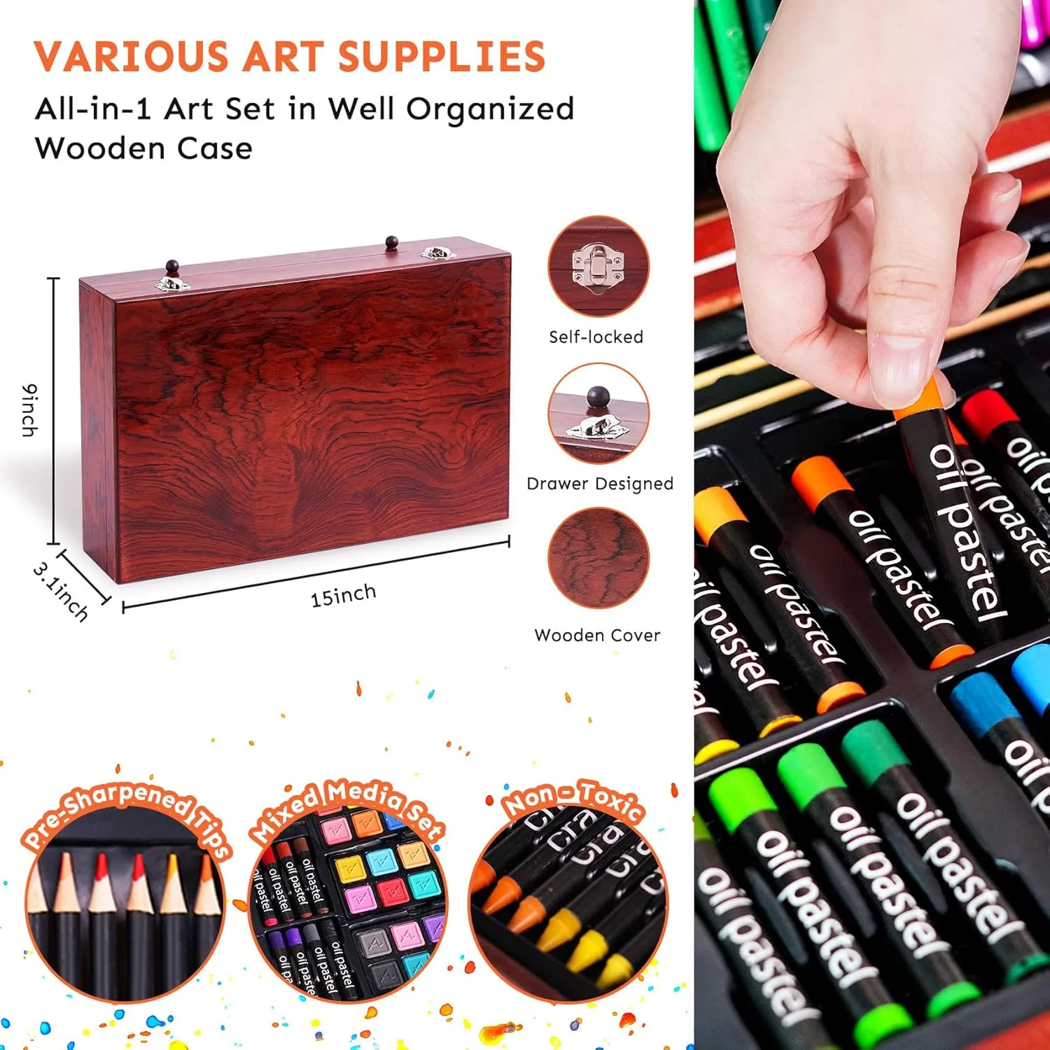 145 Piece Deluxe Art Set with 2 x 50 Sheet Drawing Pad, Art Supplies Wooden Art Box, Drawing Painting Kit with Crayons, Oil Pastels, Colored Pencils, Creative Gift Box for Adults Artist Beginners