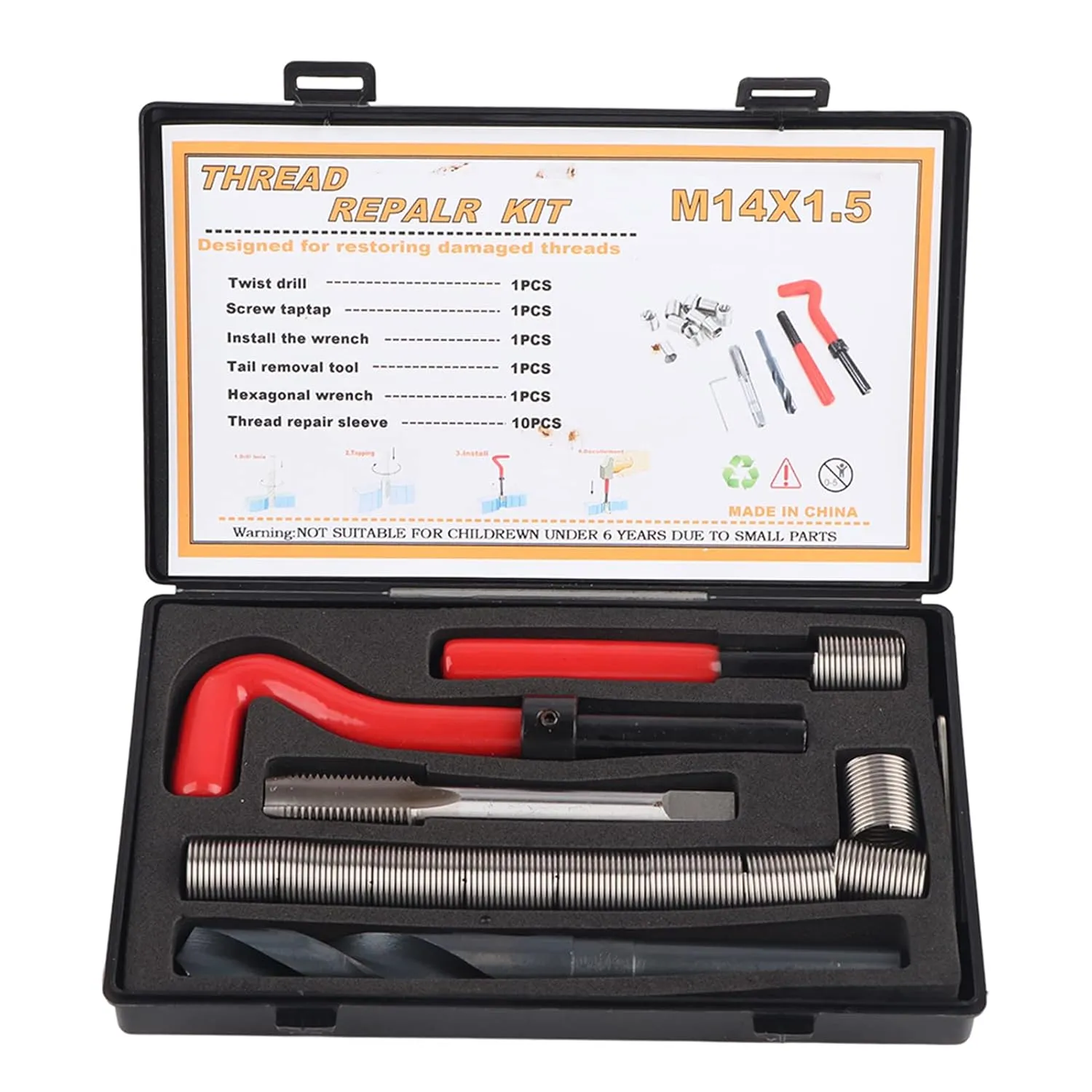 15 PCS Helicoil Thread Repair Kit, Thread Inserts Helicoil Insert Sleeves Metric M14x1.5 Female Assortment Kit for Auto Repairing