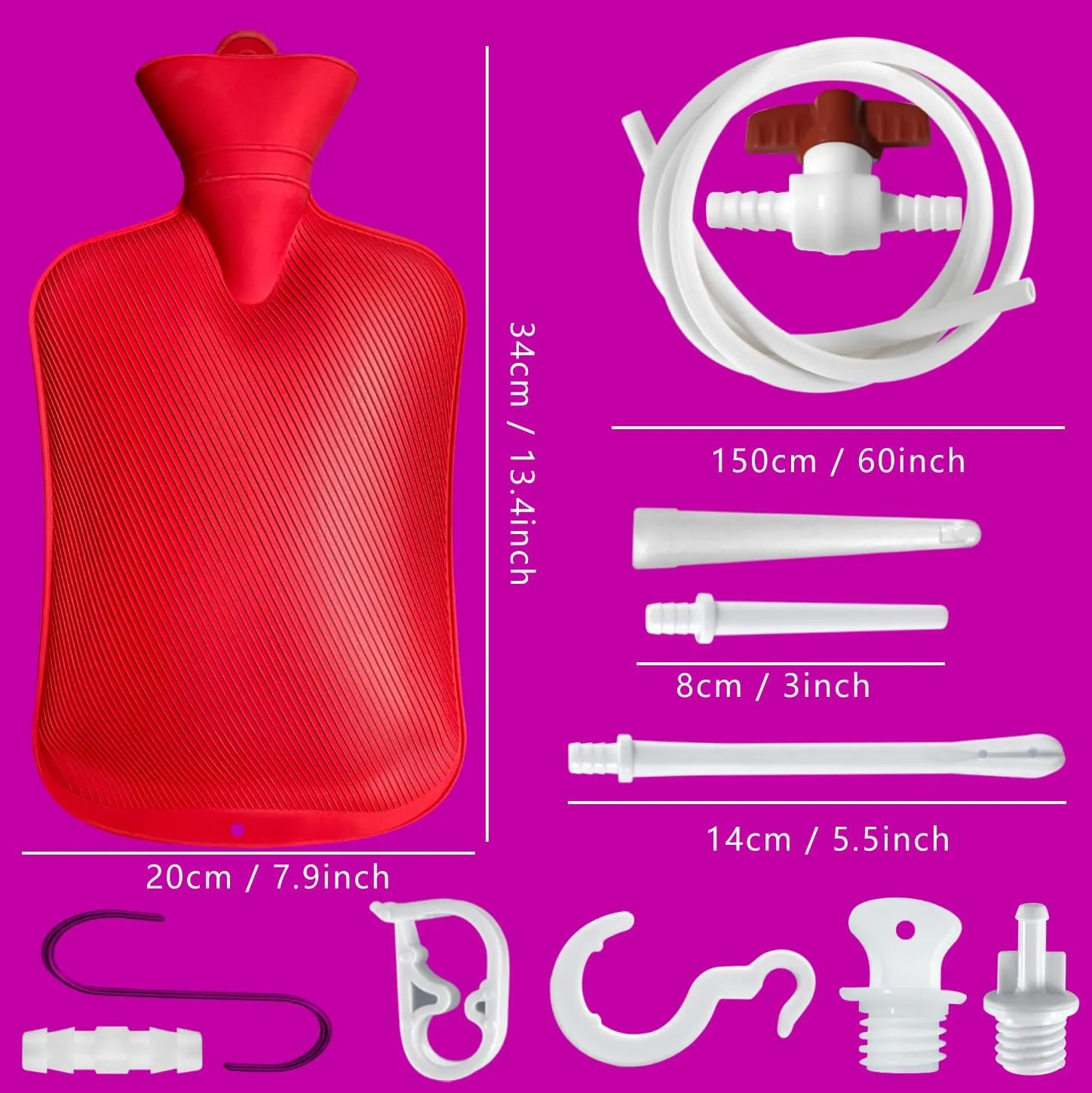 2 L Enema Bag with Switch，Hot-Water Bottle，5.0 ft. Long Silicone Hose ,3 Multi-Size Reusable Tips, Controlable Water Flow Valve- Coffee, Shower, Douche & Home Adult Enema Kit（RED）