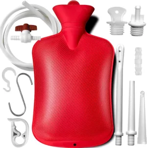 2 L Enema Bag with Switch，Hot-Water Bottle，5.0 ft. Long Silicone Hose ,3 Multi-Size Reusable Tips, Controlable Water Flow Valve- Coffee, Shower, Douche & Home Adult Enema Kit（RED）