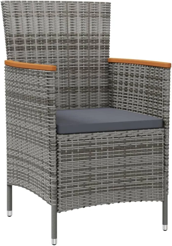 2-Pack Gray Poly Rattan Patio Dining Chairs Outdoor Furniture with Acacia Wood Armrests & Removable Cushions for Garden Backyard Poolside