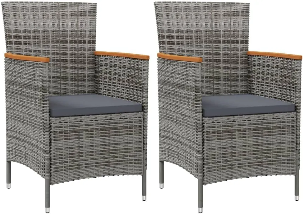 2-Pack Gray Poly Rattan Patio Dining Chairs Outdoor Furniture with Acacia Wood Armrests & Removable Cushions for Garden Backyard Poolside