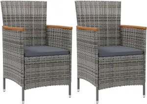 2-Pack Gray Poly Rattan Patio Dining Chairs Outdoor Furniture with Acacia Wood Armrests & Removable Cushions for Garden Backyard Poolside