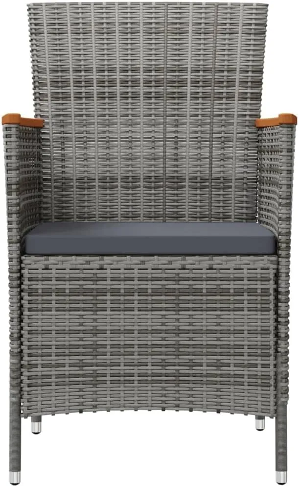 2-Pack Gray Poly Rattan Patio Dining Chairs Outdoor Furniture with Acacia Wood Armrests & Removable Cushions for Garden Backyard Poolside