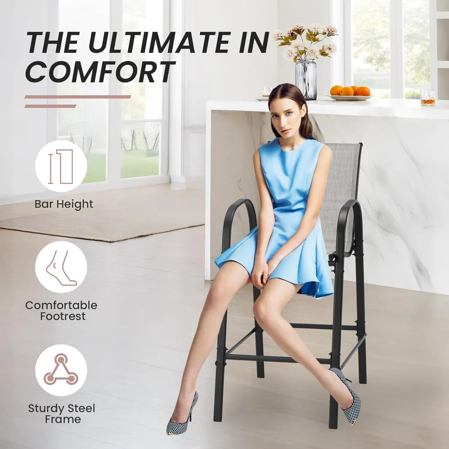 2-Piece Outdoor Bar Stool Set - High-Back Textilene Chairs & Weatherproof Steel Frame, 330lb Capacity Patio Furniture for Porch/Backyard/Balcony, Quick Assembly & Rust-Resistant