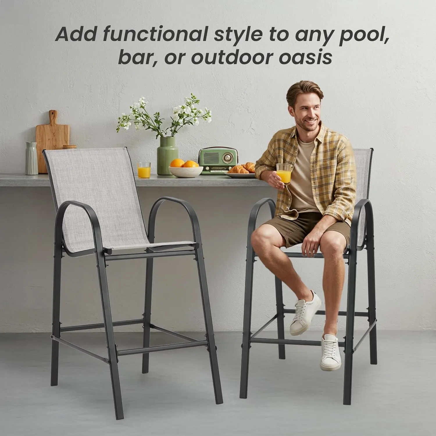2-Piece Outdoor Bar Stool Set - High-Back Textilene Chairs & Weatherproof Steel Frame, 330lb Capacity Patio Furniture for Porch/Backyard/Balcony, Quick Assembly & Rust-Resistant
