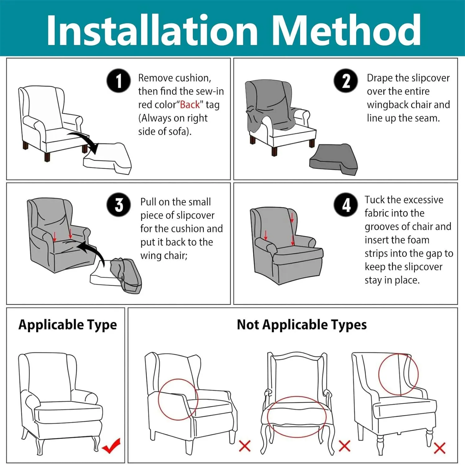 2 Pieces Jacquard High Stretch Wing Chair Slipcover, Ultra Soft Comfy Wingback Chair Cover Machine Washable Armchair Slipcovers Couch Covers Chair Protectors Cover for Office Bar Hotel (Color : Silve