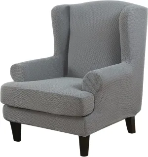 2 Pieces Jacquard High Stretch Wing Chair Slipcover, Ultra Soft Comfy Wingback Chair Cover Machine Washable Armchair Slipcovers Couch Covers Chair Protectors Cover for Office Bar Hotel (Color : Silve