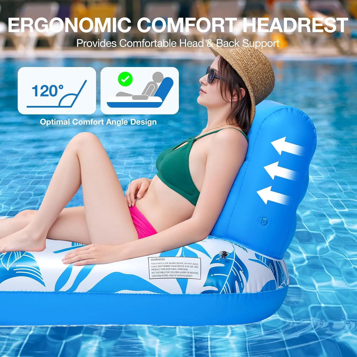 [2025 New Upgraded] Inflatable Pool Float Adult, Pool Lounger Float Raft Floating Chair Water Floaties with Headrest & Cup Holder, Adult Heavy Duty Pool Floaties for Swimming Pool, Lake, Beach Party