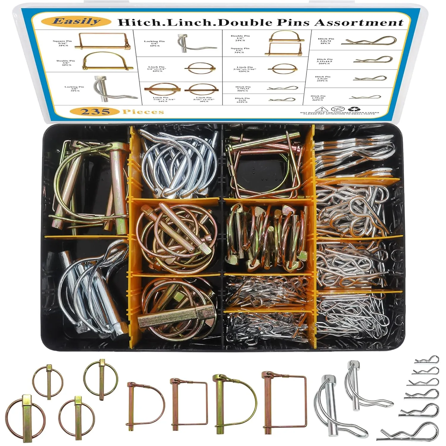 235 PCS Hitch Pins Clip Pins, Linch and PTO Pins for Trailers Tractors Trucks Towing Mowing, Farm Equipment, Snow Plows, Lawnmowers Garage, Heavy Duty Trailers Accessories Tractor Attachments