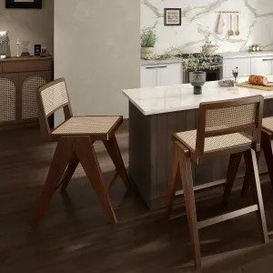 26" Rattan Counter Height Barstools Set of 2, Mid-Century Modern Counter Stools with Cane Seat Retro Bar Chairs Island Chairs with Footrest Wood Frame for Kitchen Island/Home Bar/Pub, Walnut