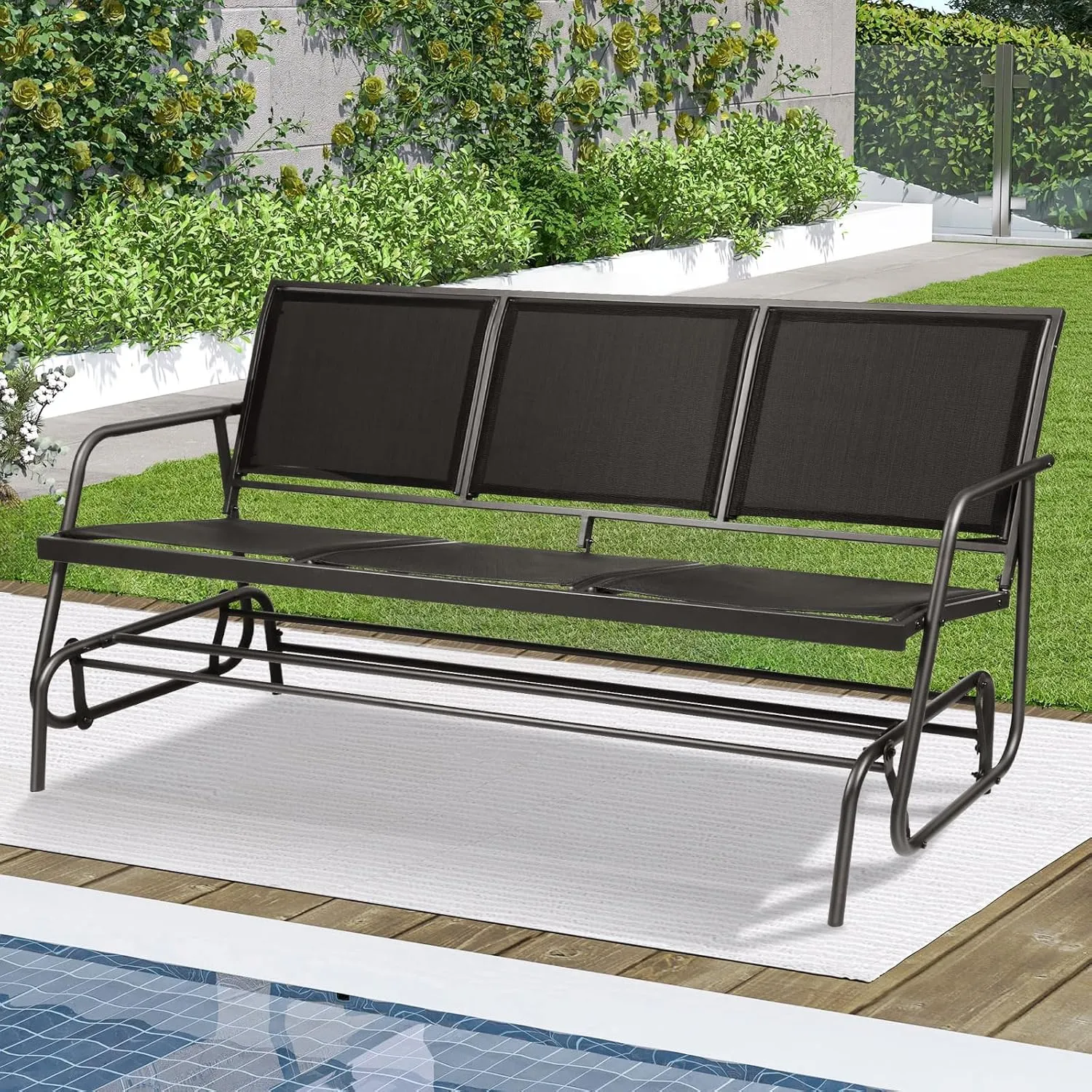 3-Person Outdoor Glider Bench, Patio Swing Rocking Chair with Powder Coated Steel Frame & Textilene Fabric for for Backyard, Garden, Deck (Black)