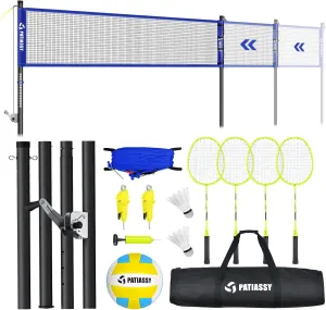32ft, 26ft and 20ft Width and Height Adjustable Volleyball and Badminton Combo Set with Net, 4 Badminton Rackets, 2 Goose Feather Shuttlecocks and Volleyball for Backyards