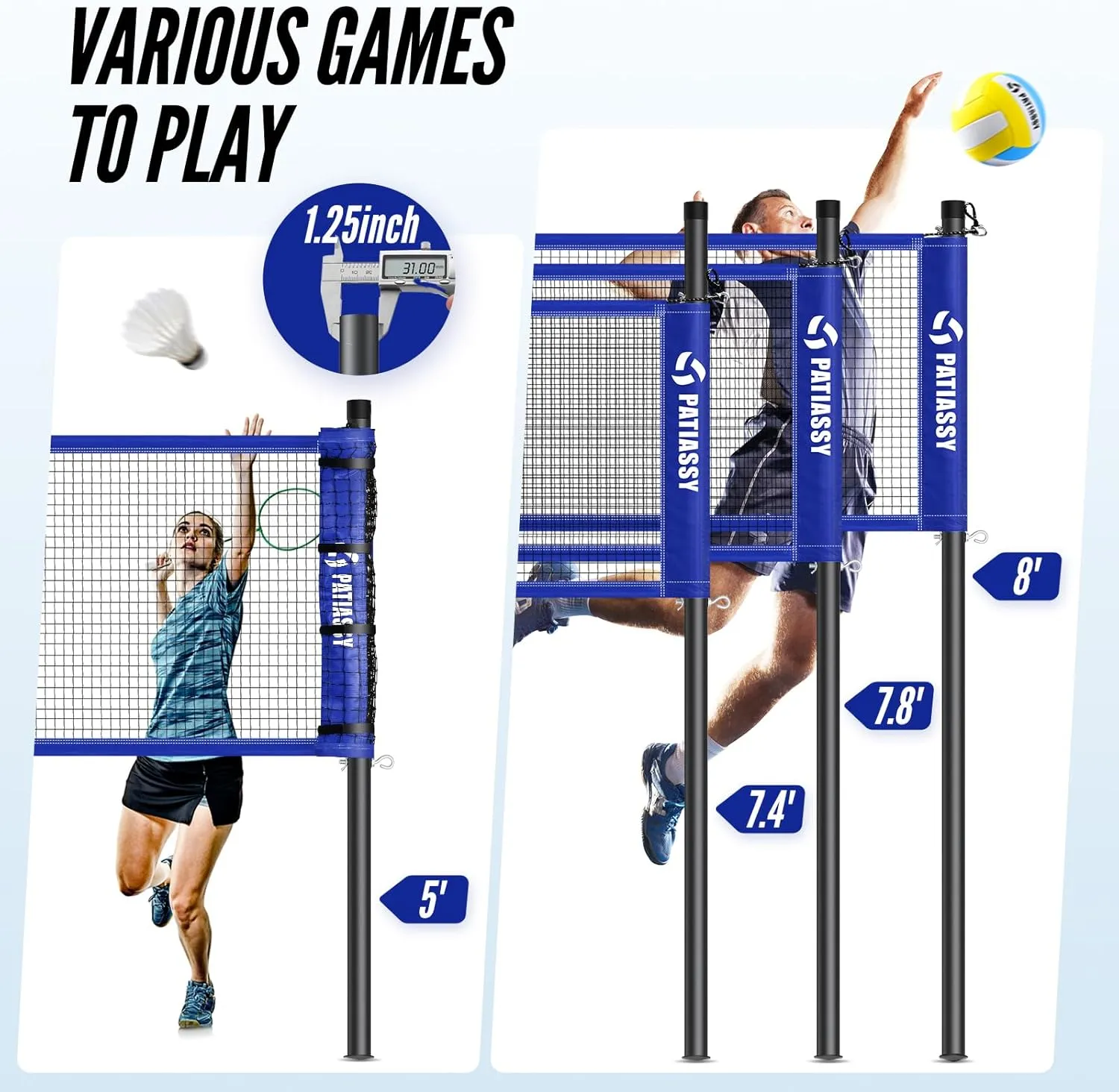 32ft, 26ft and 20ft Width and Height Adjustable Volleyball and Badminton Combo Set with Net, 4 Badminton Rackets, 2 Goose Feather Shuttlecocks and Volleyball for Backyards