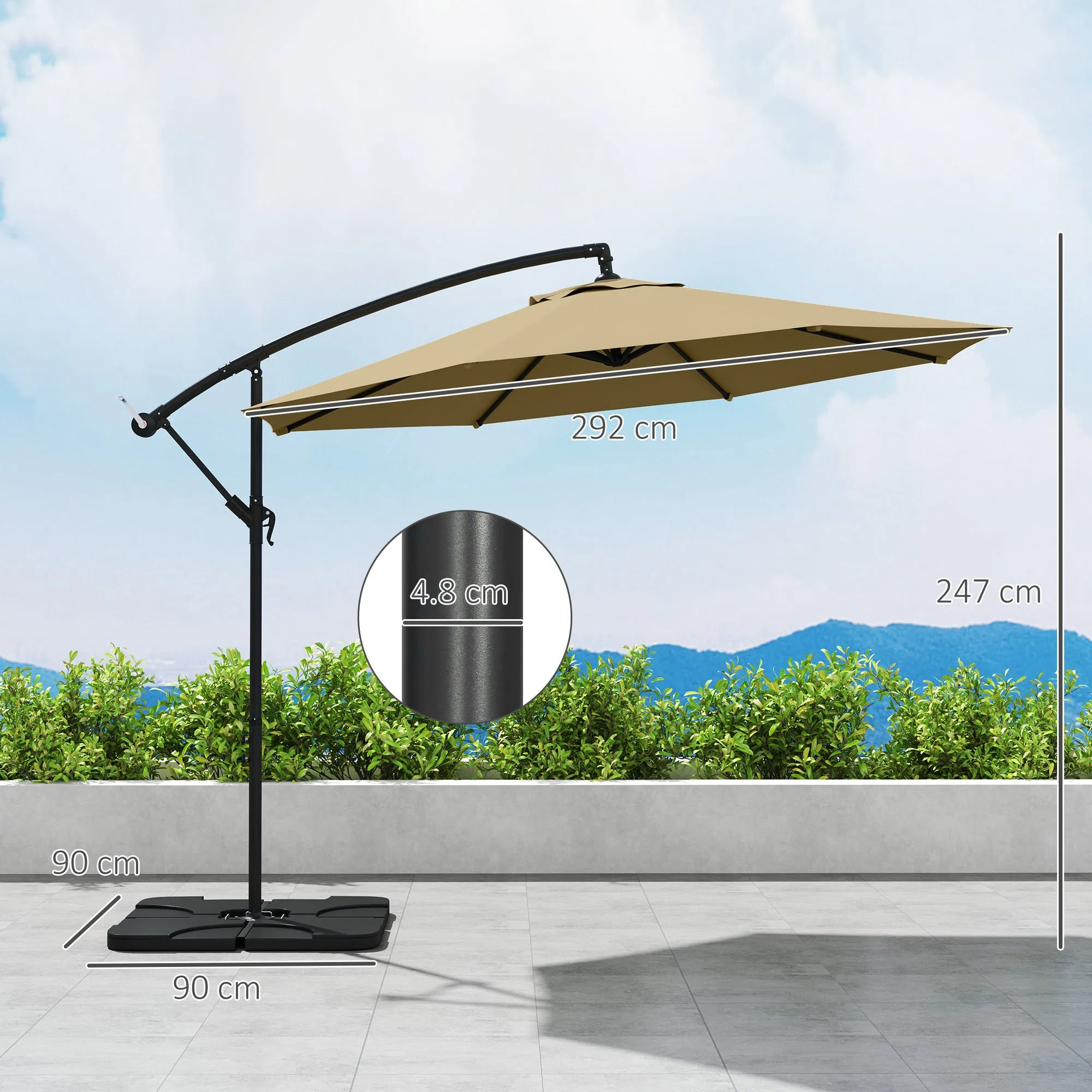3(m) Garden Banana Parasol Cantilever Umbrella with Crank Handle, Cross Base, Weights and Cover for Outdoor, Hanging Sun Shade, Sand