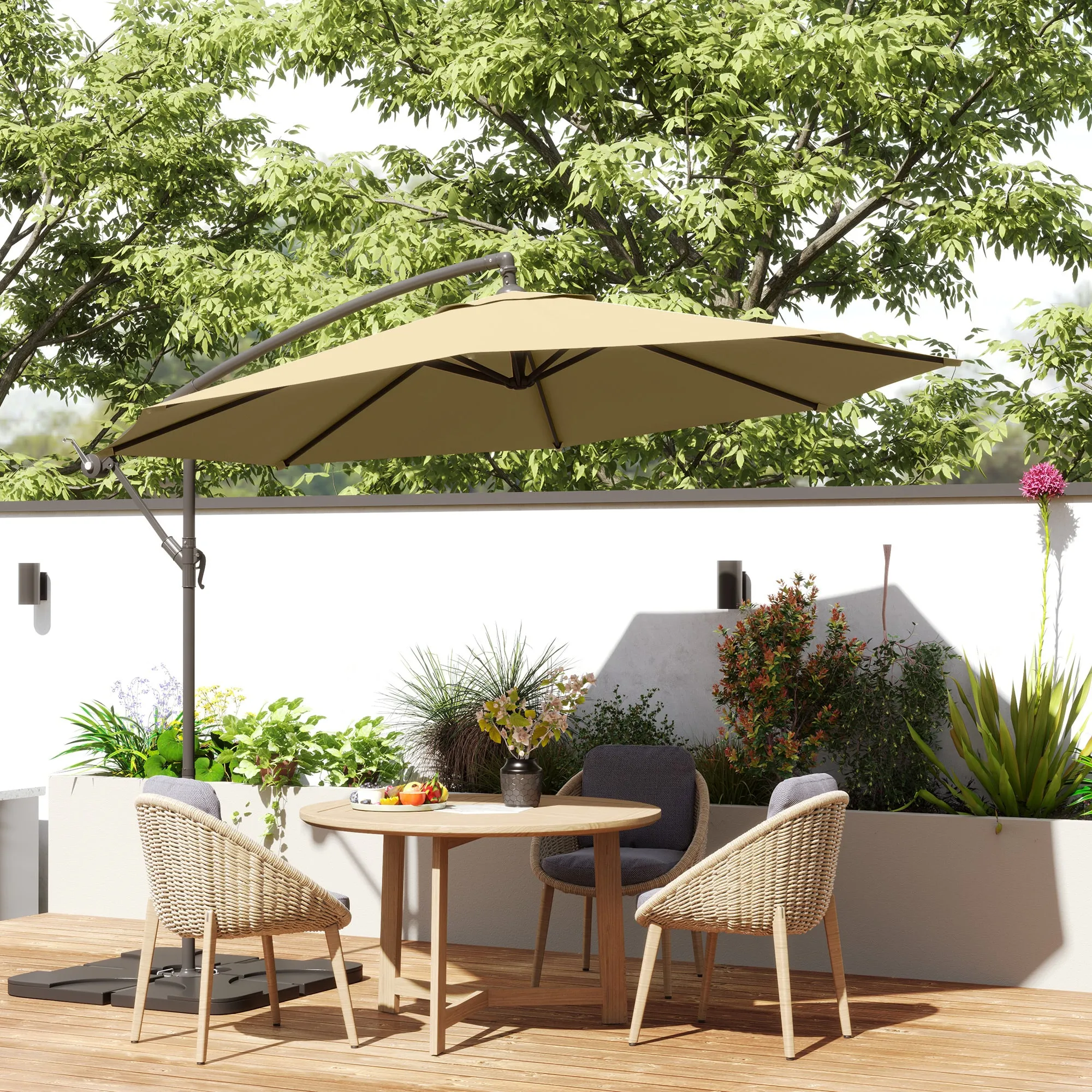 3(m) Garden Banana Parasol Cantilever Umbrella with Crank Handle, Cross Base, Weights and Cover for Outdoor, Hanging Sun Shade, Sand