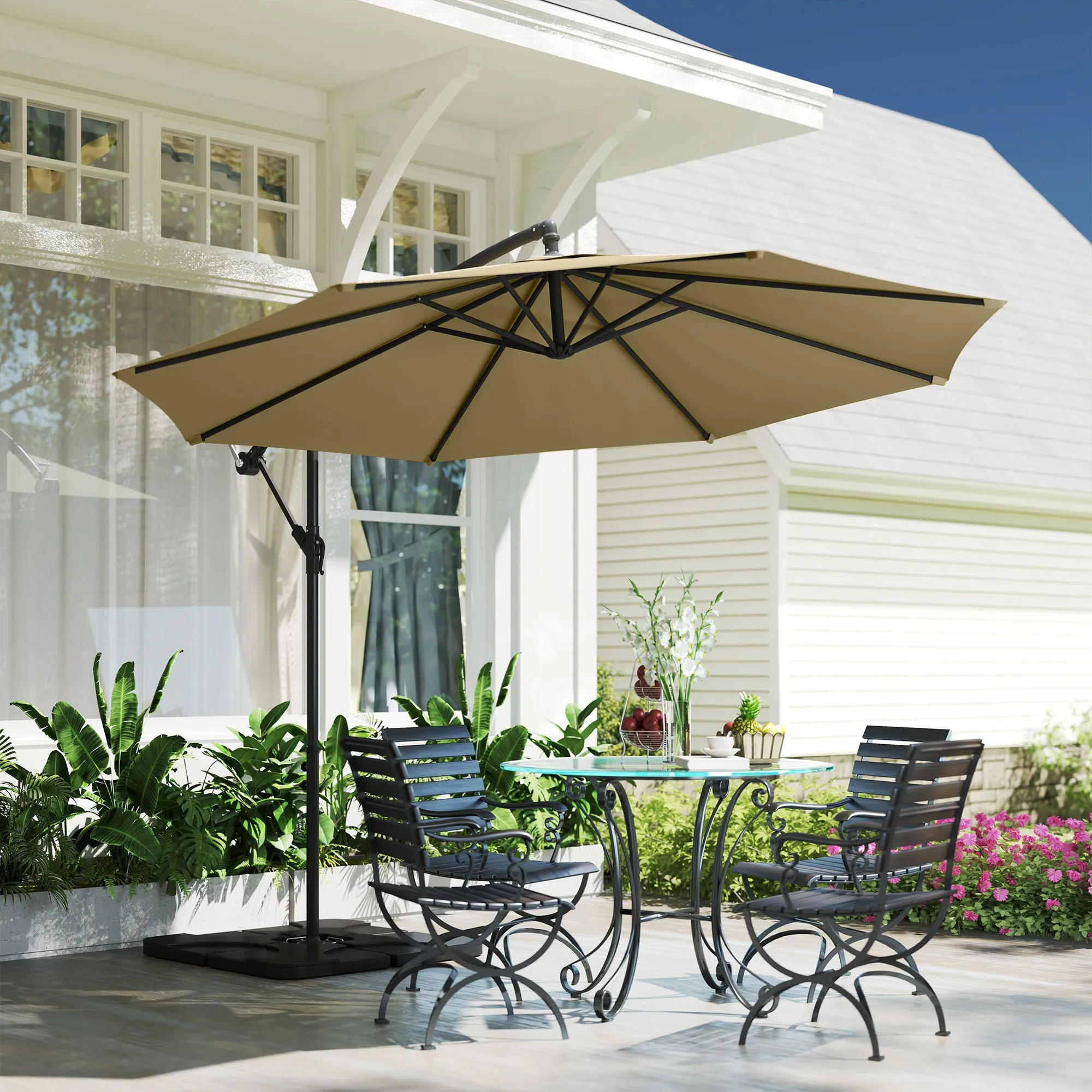 3(m) Garden Banana Parasol Cantilever Umbrella with Crank Handle, Cross Base, Weights and Cover for Outdoor, Hanging Sun Shade, Sand