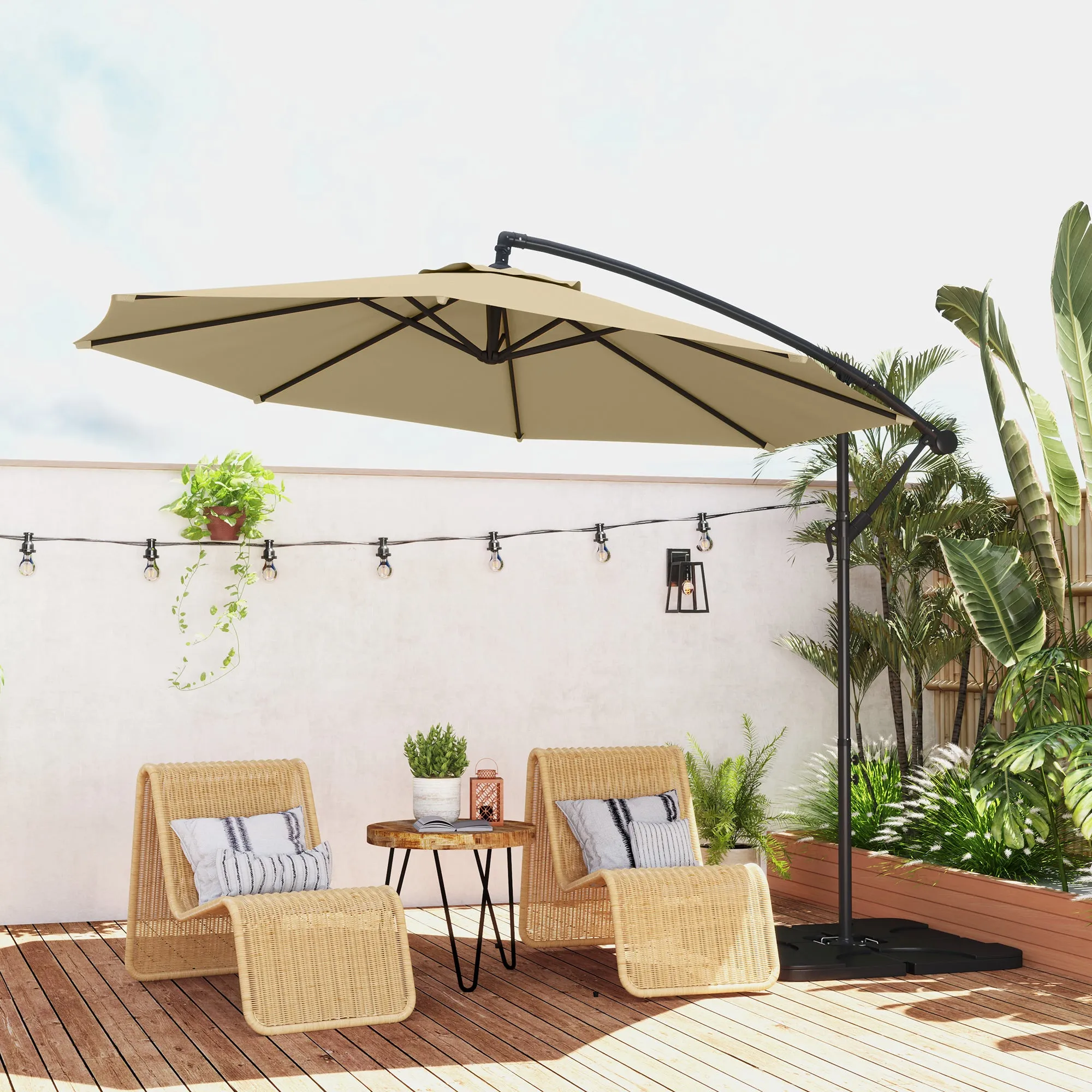 3(m) Garden Banana Parasol Cantilever Umbrella with Crank Handle, Cross Base, Weights and Cover for Outdoor, Hanging Sun Shade, Sand