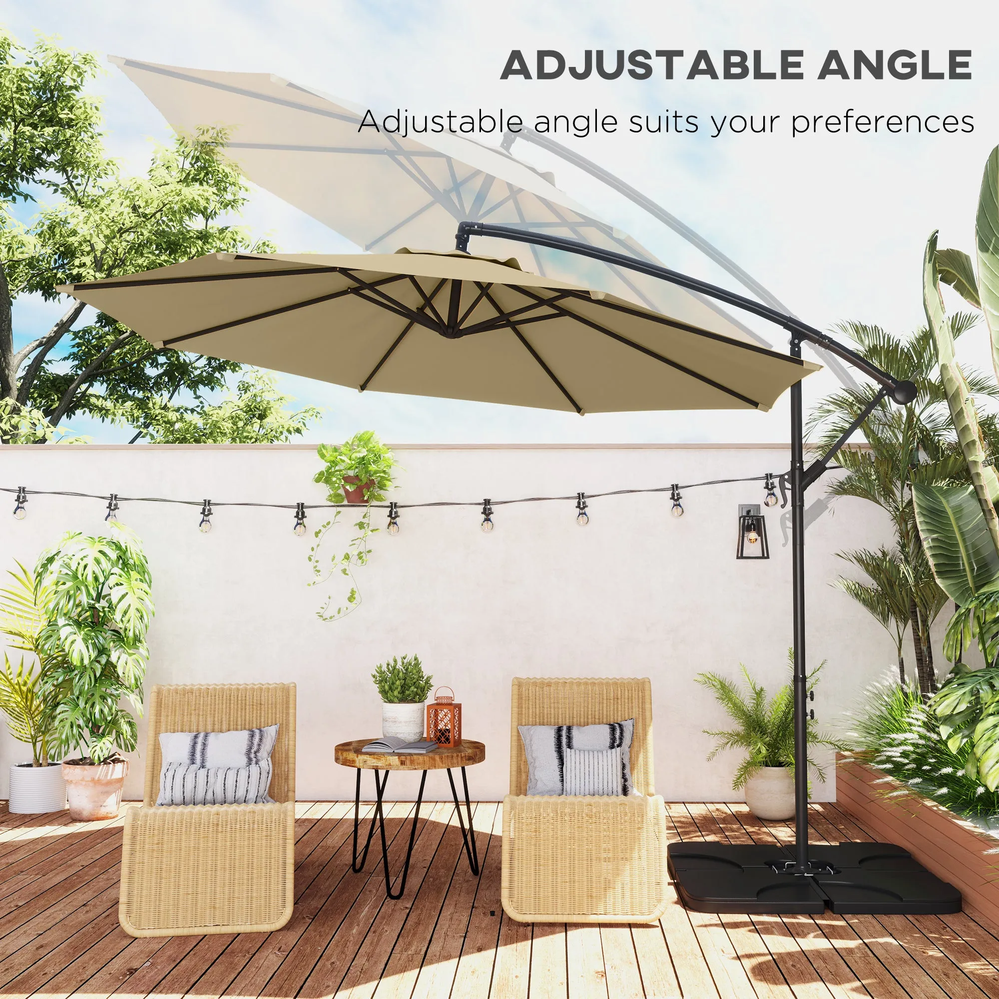 3(m) Garden Banana Parasol Cantilever Umbrella with Crank Handle, Cross Base, Weights and Cover for Outdoor, Hanging Sun Shade, Sand