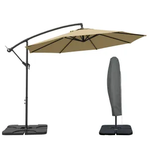 3(m) Garden Banana Parasol Cantilever Umbrella with Crank Handle, Cross Base, Weights and Cover for Outdoor, Hanging Sun Shade, Sand