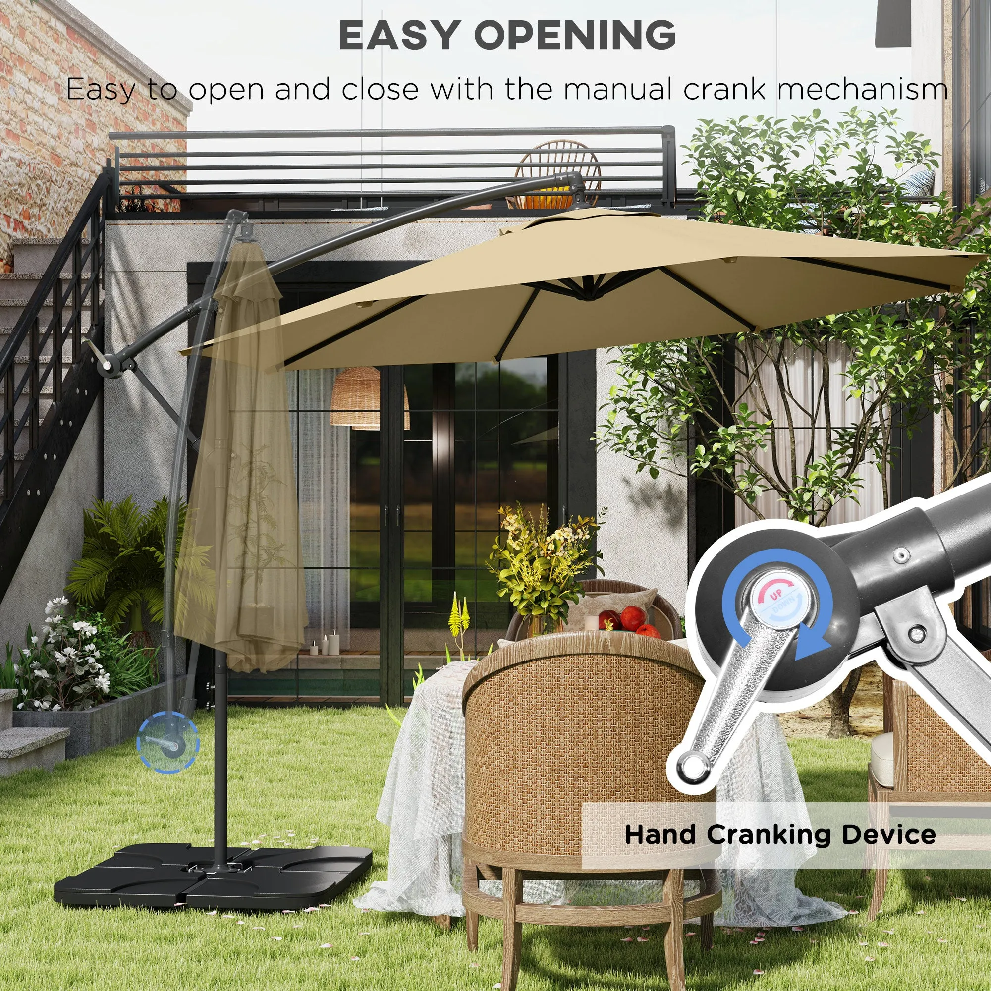 3(m) Garden Banana Parasol Cantilever Umbrella with Crank Handle, Cross Base, Weights and Cover for Outdoor, Hanging Sun Shade, Sand