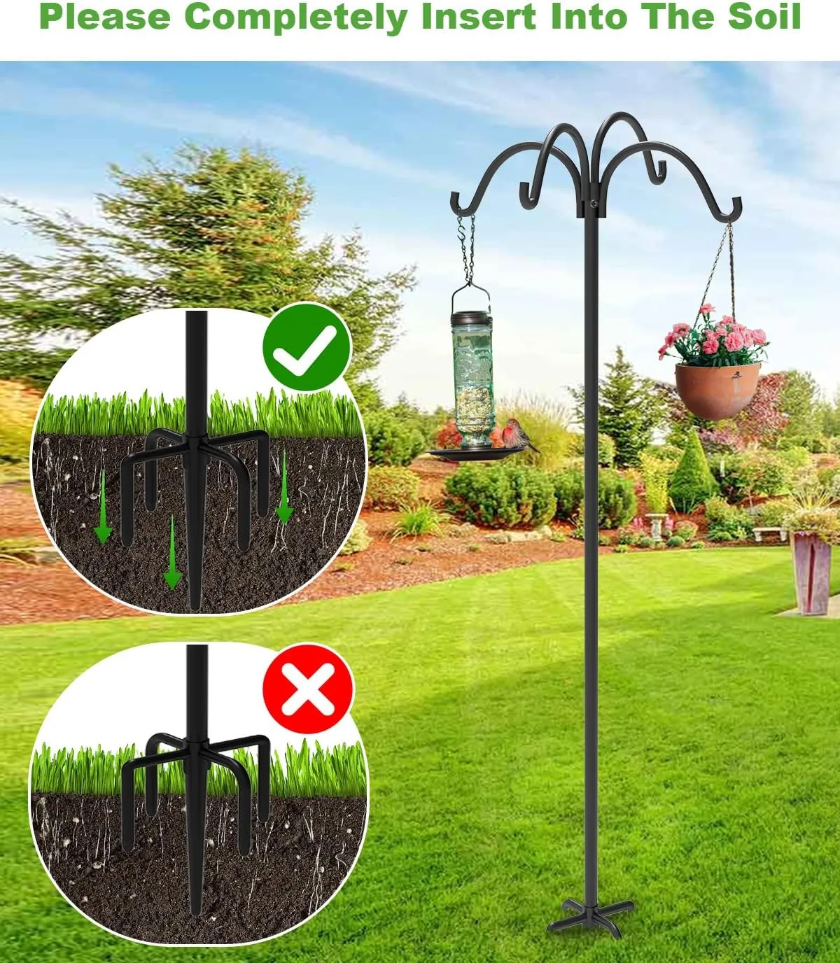 4-Hooks Shepherds Hooks for Outdoor, 76" Heavy Duty Bird Feeder Pole with 5 Prongs Base, Adjustable Garden Hook for Hanging Solar Light, Lanterns, Plant, 2pack