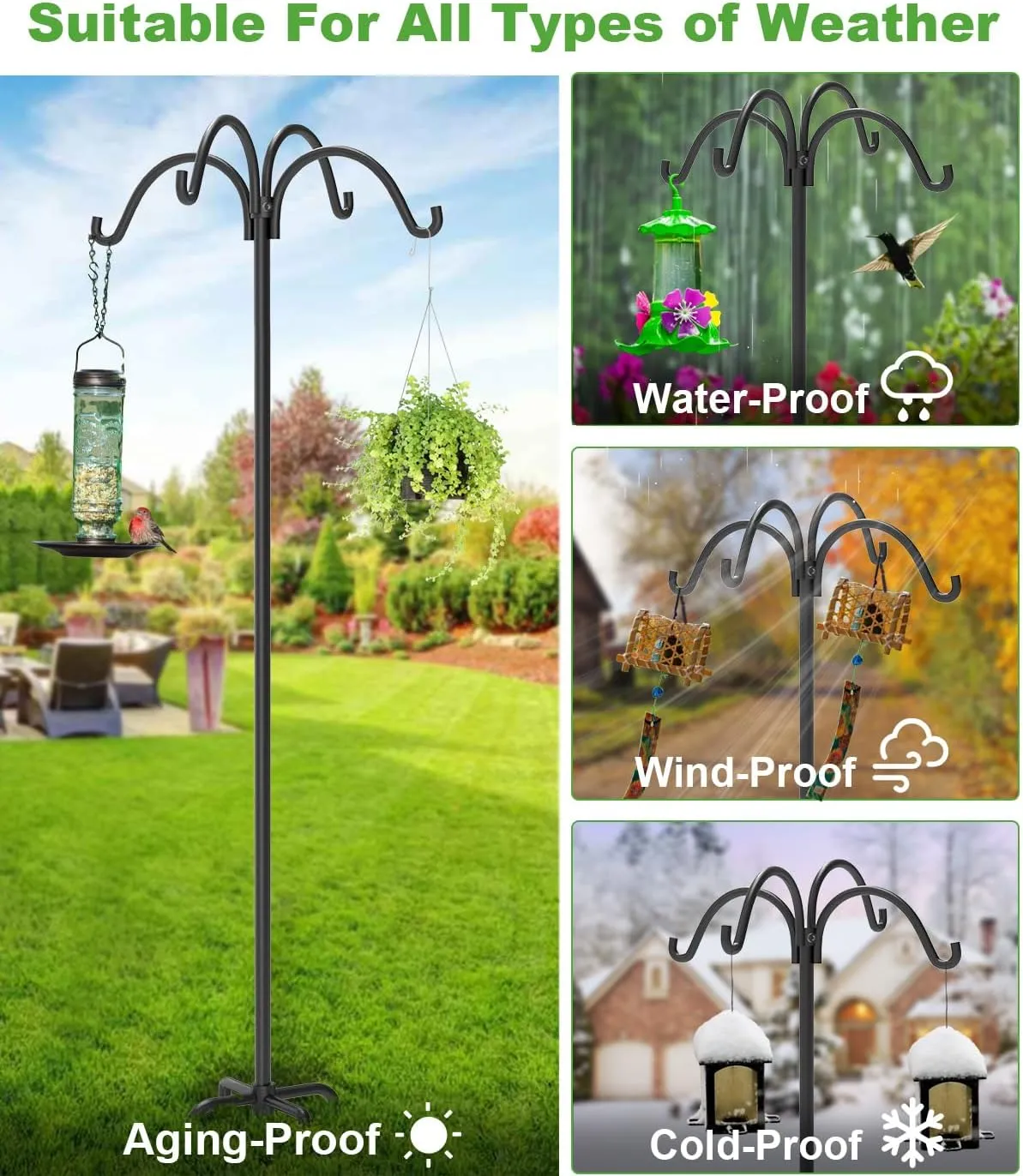 4-Hooks Shepherds Hooks for Outdoor, 76" Heavy Duty Bird Feeder Pole with 5 Prongs Base, Adjustable Garden Hook for Hanging Solar Light, Lanterns, Plant, 2pack