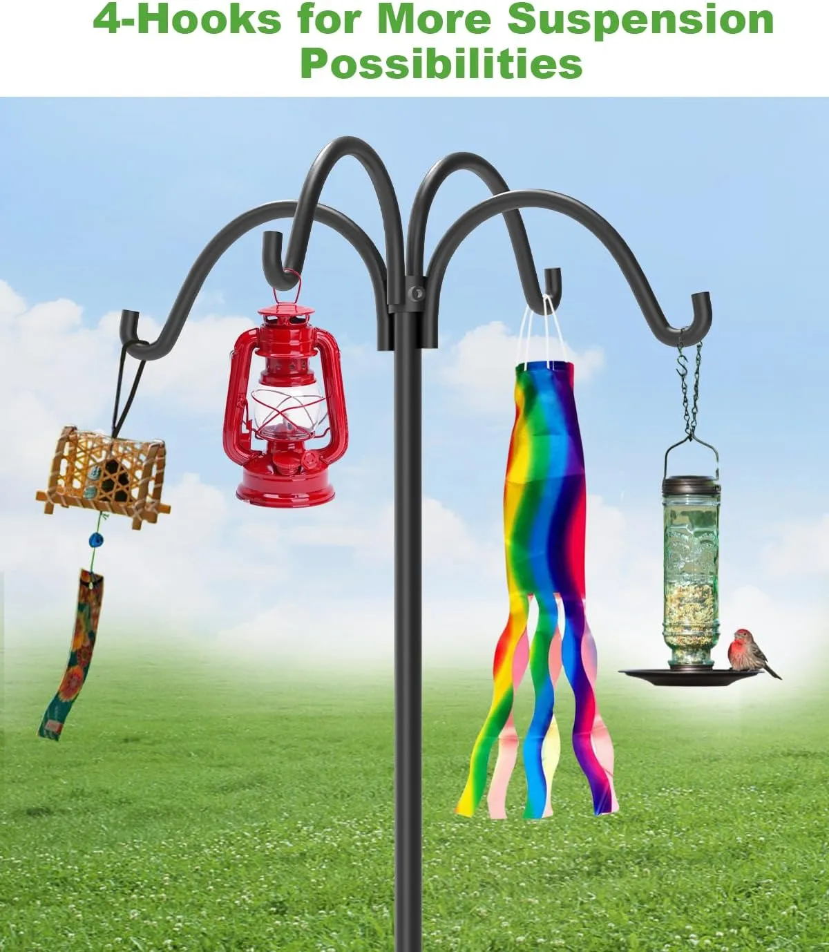 4-Hooks Shepherds Hooks for Outdoor, 76" Heavy Duty Bird Feeder Pole with 5 Prongs Base, Adjustable Garden Hook for Hanging Solar Light, Lanterns, Plant, 2pack