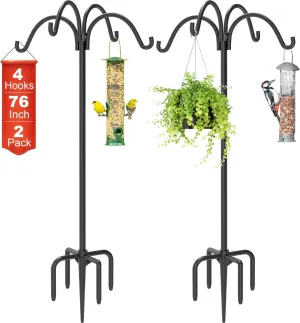 4-Hooks Shepherds Hooks for Outdoor, 76" Heavy Duty Bird Feeder Pole with 5 Prongs Base, Adjustable Garden Hook for Hanging Solar Light, Lanterns, Plant, 2pack