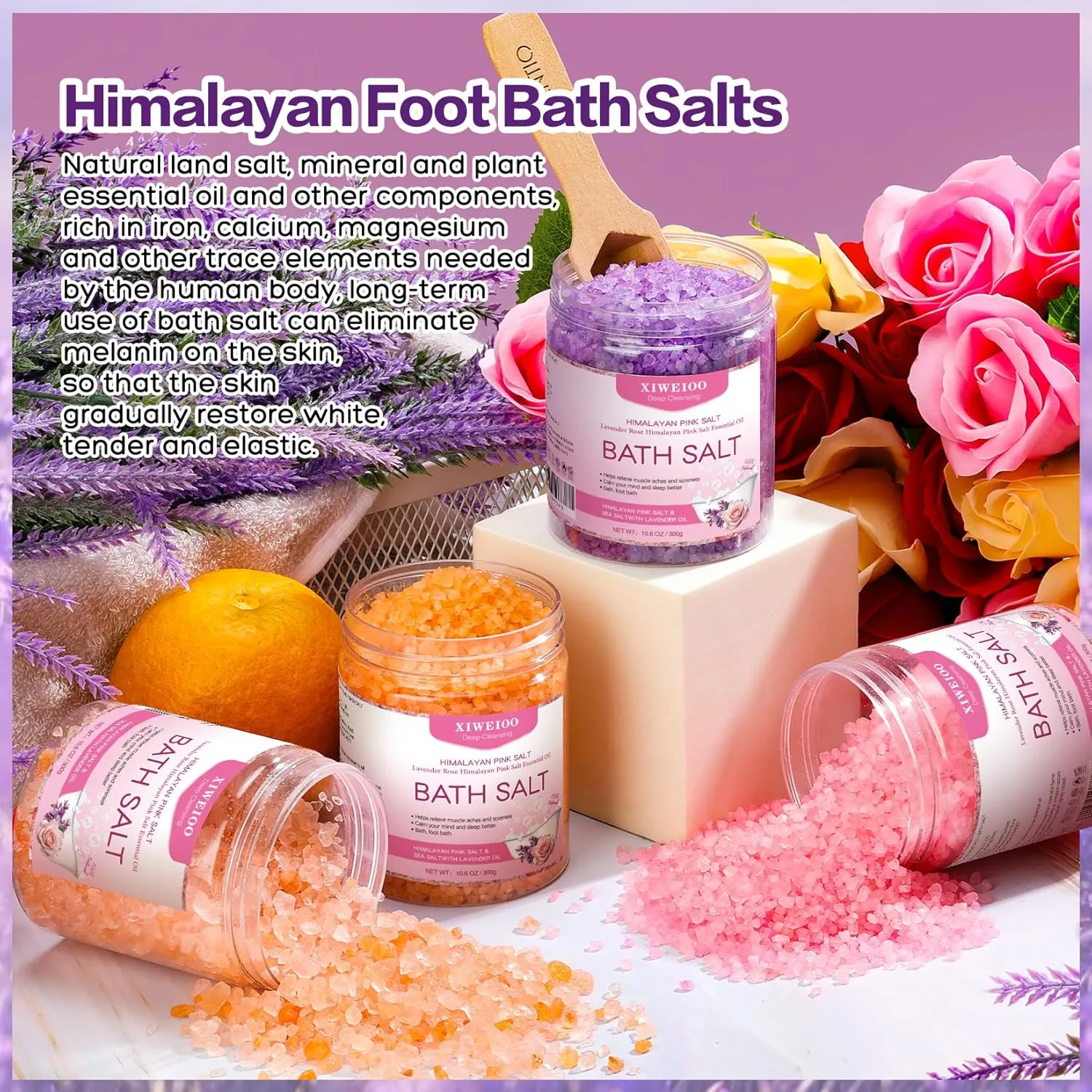 4 Pack Kit Bath Salts for Soaking Himalayan Pink Salt Lavender Orange Rose Pink Scent Epsom Salt Bubble Bath for Women Christmas Gift with Dead Sea Salt Moisturizing Skin