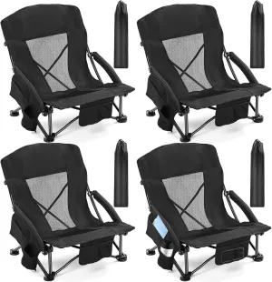 4 Pcs Low Beach Chairs for Adults with Cup Holder Magazine Bag, Carry Bag Folding Portable Camping Chairs with Mesh Back Low Seat for Traveling Outdoor Sand Lawn Picnic, Support 300lbs