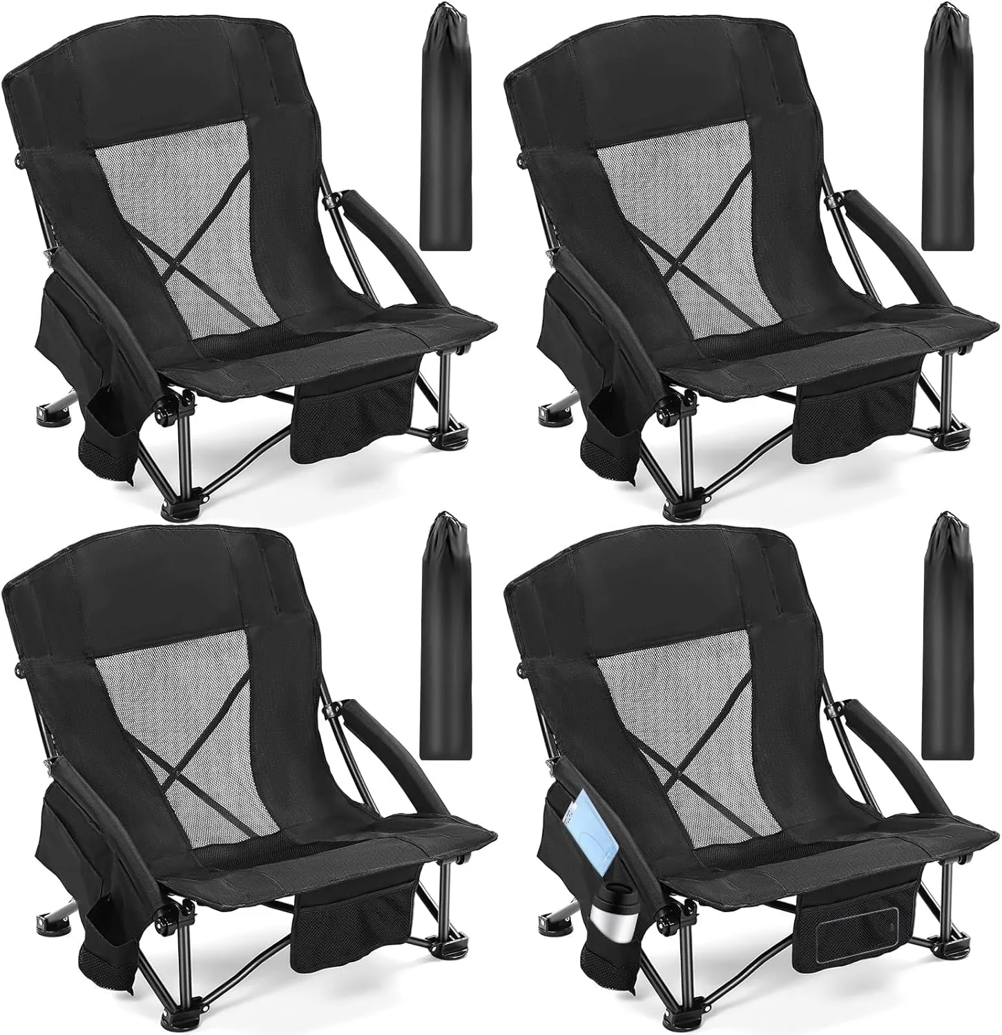 4 Pcs Low Beach Chairs for Adults with Cup Holder Magazine Bag, Carry Bag Folding Portable Camping Chairs with Mesh Back Low Seat for Traveling Outdoor Sand Lawn Picnic, Support 300lbs