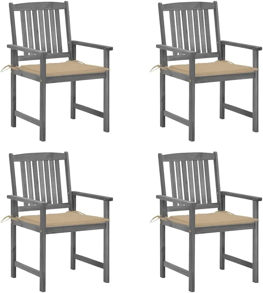 4-Piece Gray Solid Acacia Wood Patio Chairs with Beige Cushions, Outdoor Furniture Set for Garden, Poolside, and Backyard Lounging