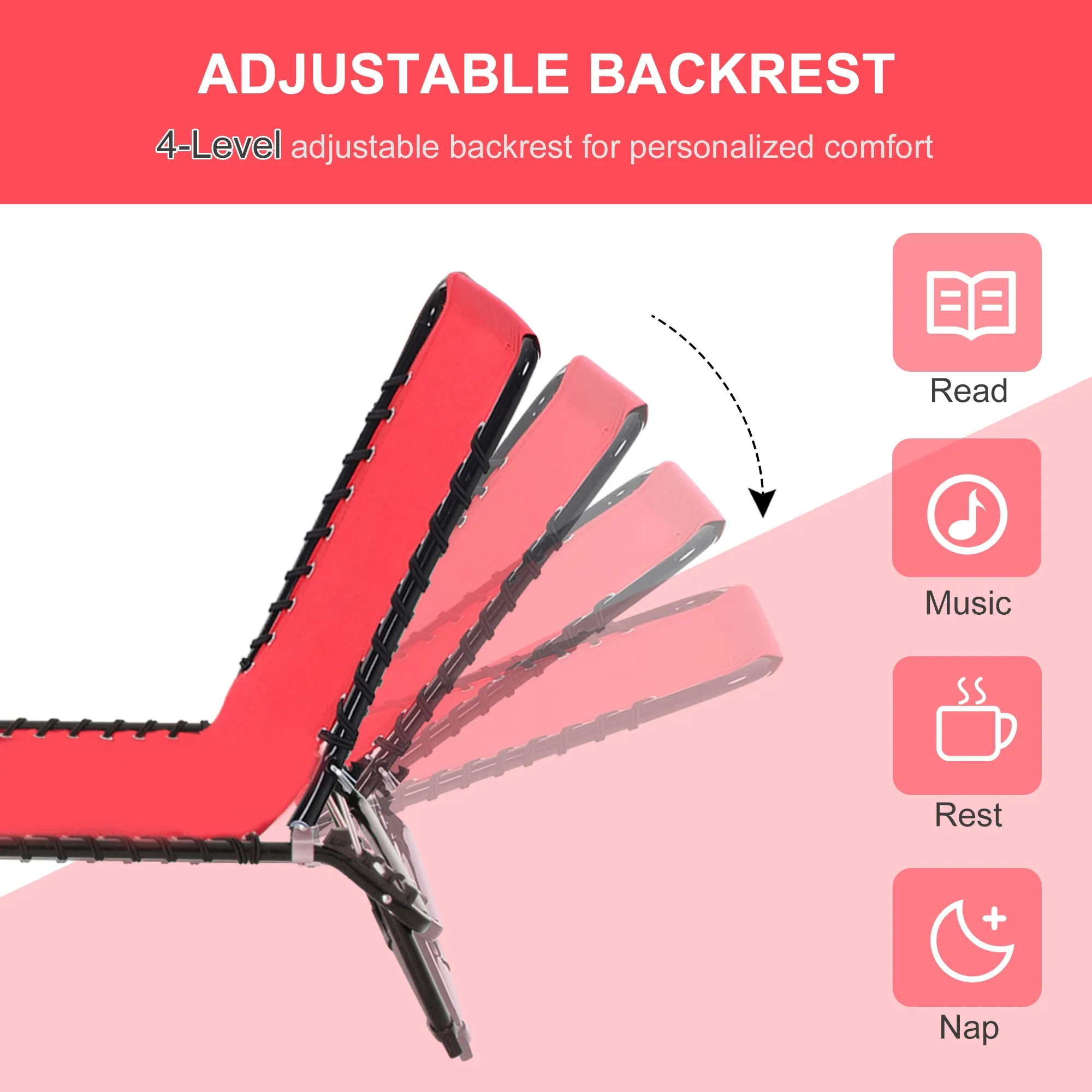 4-Position Reclining Folding Chaise Lounge with Breathable Mesh Bungee Seat & Pillow, Wine Red