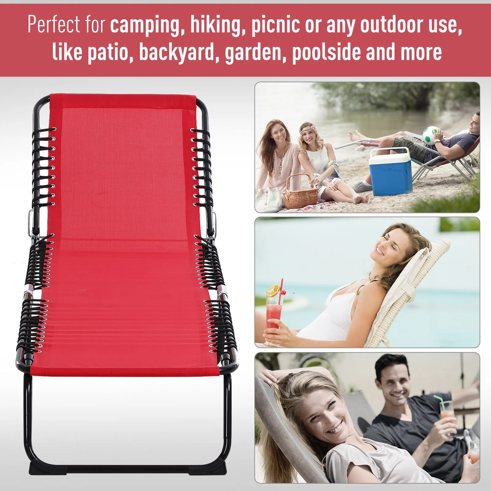 4-Position Reclining Folding Chaise Lounge with Breathable Mesh Bungee Seat & Pillow, Wine Red